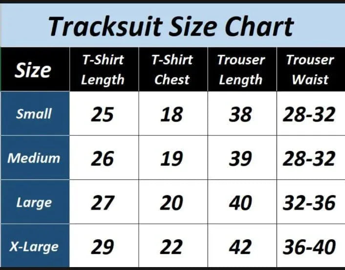 Tracksuit size chart with measurements for t-shirt length, chest, trouser length, and waist.